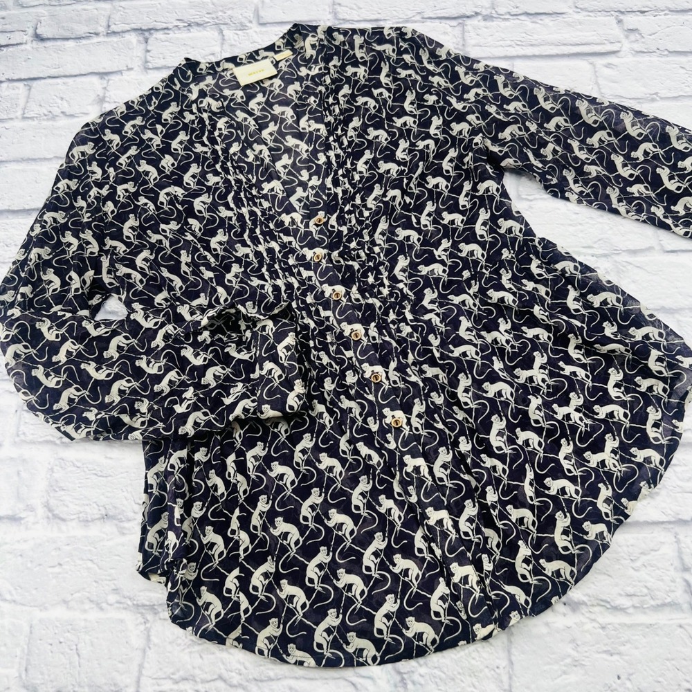 Maeve Navy and White Flamingo Print Button-Front Blouse